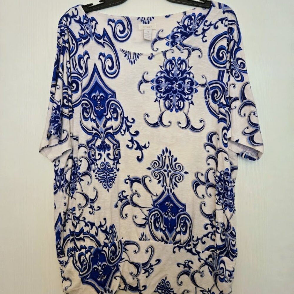 Chico's white and blue floral paisley‎ S/S tunic top Size 3/XL